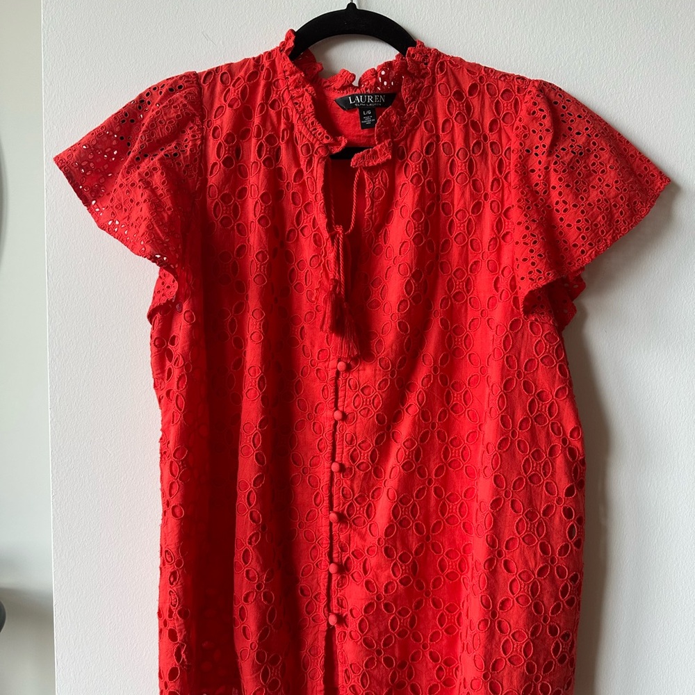 Lauren Ralph Lauren Red Tie Front Eyelet Blouse 100% Cotton